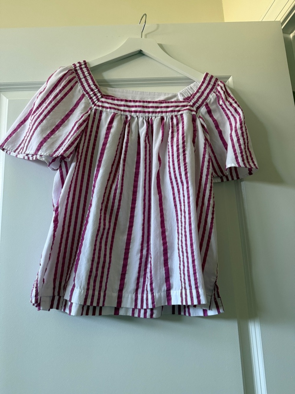 LOFT White Blouse with Magenta Stripes